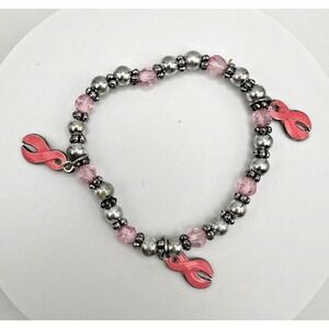 Vintage 90s Silver Tone Cancer Awareness Pink Ribbon Charm Bracelet Jewelry